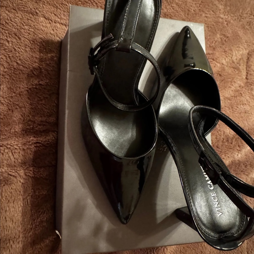 Vince Camuto Black Patent Pointed-Toe Ankle-Strap Heels Sz 9 NIB